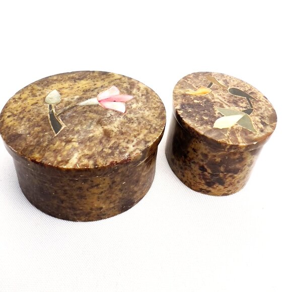 Soapstone Handcrafted Vintage Trinket Boxes Oval & Round Set Floral Inlay India - Picture 10 of 12